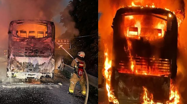 快訊／國道1號「43人客運」火燒車 火海瞬間吞沒車體